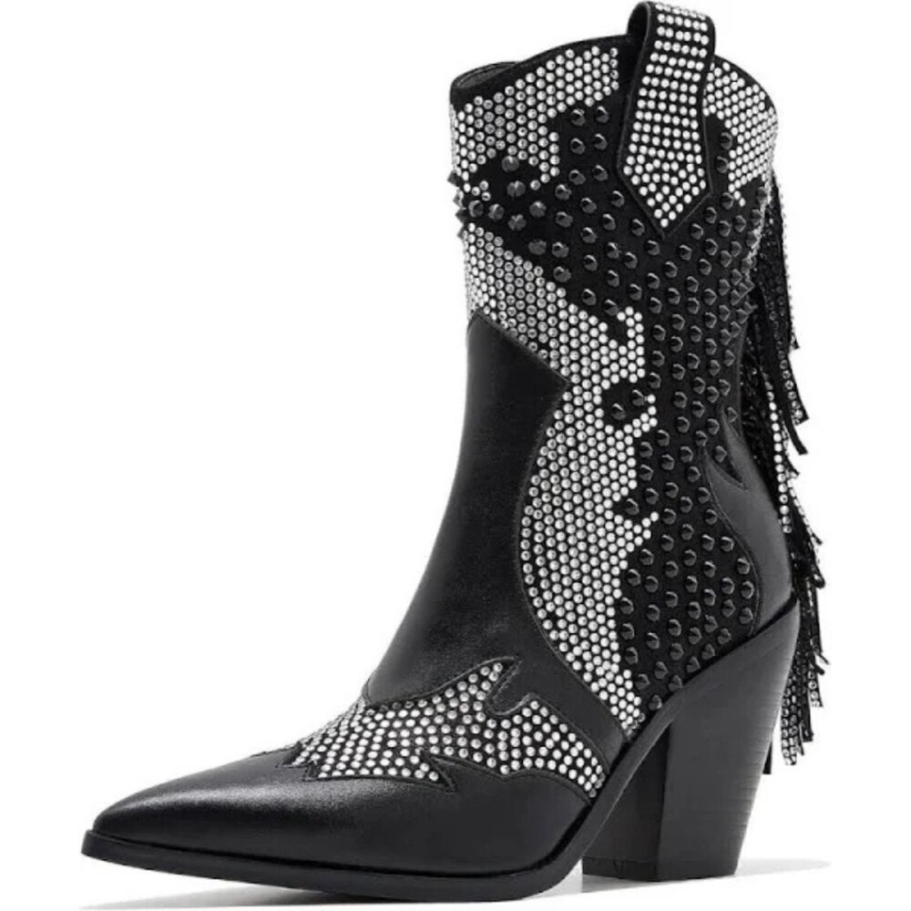 BECKNAD Black Rhinestone Fringe Mid Calf Cowboy Boots 8.5 NIB
